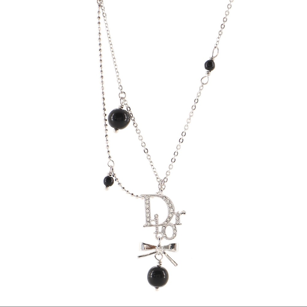 Christian Dior Ribbon Pendant Necklace Metal with Crystals and Beads